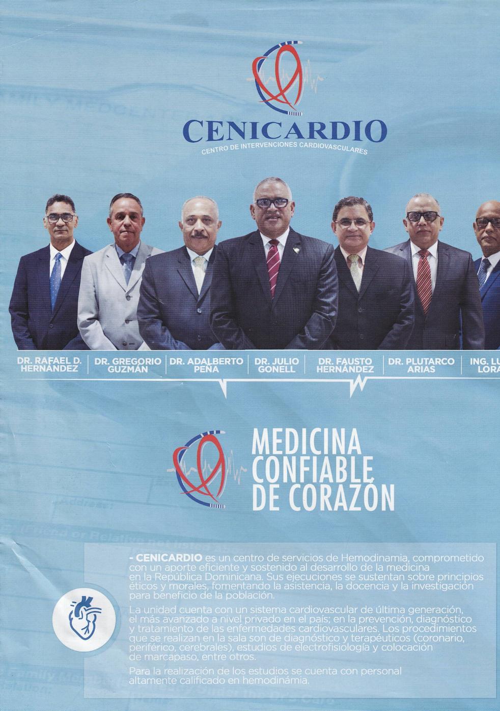 Página histórica con miembros del Consejo Directivo de CENICARDIO y el lema Medicina confiable de corazón