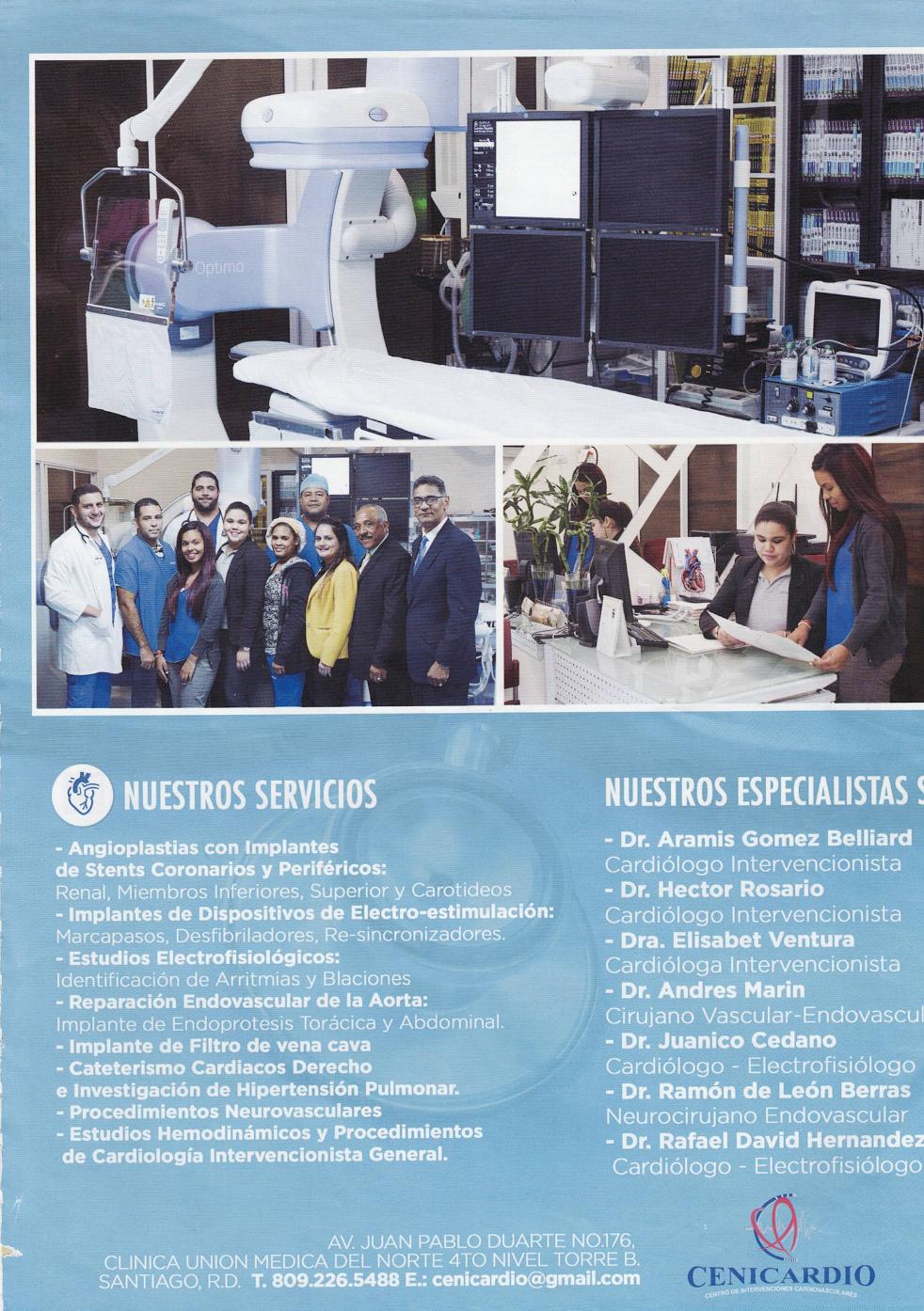 Página histórica de CENICARDIO con la sala, el equipo humano y los servicios ofrecidos en esa etapa